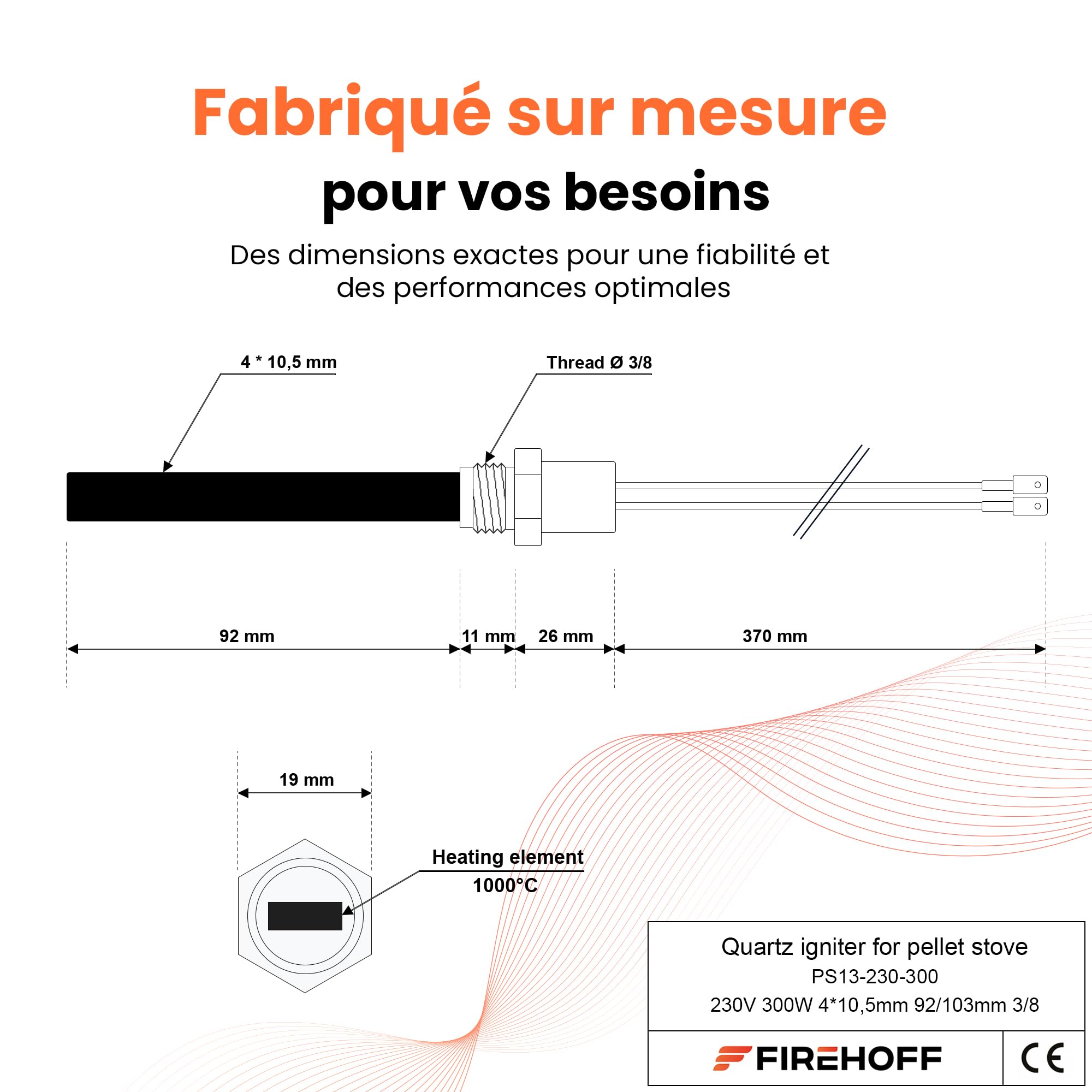 Bougie quartz pour poêle à granules - Special KLOVER/MORETTI DESIGN/MORVAN - 300 W, 92/103 mm, Ø10,5x4 mm, filetage 3/8 - PS13-230-300 - GARANTIE 1 an