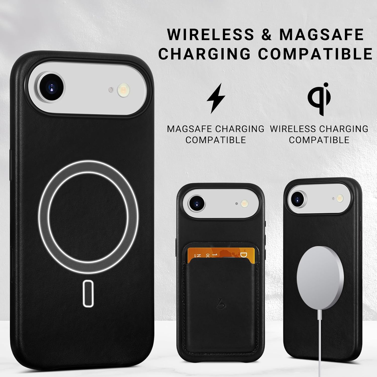 Belemay Handcrafted Full-Grain Vegetable-Tanned Leather Case for iPhone 17 Air, Compatible with MagSafe, Classy Two-Tone Effect, Natural Patina, Camera Control Button, Metal Buttons (6.5"), Black - Image 6