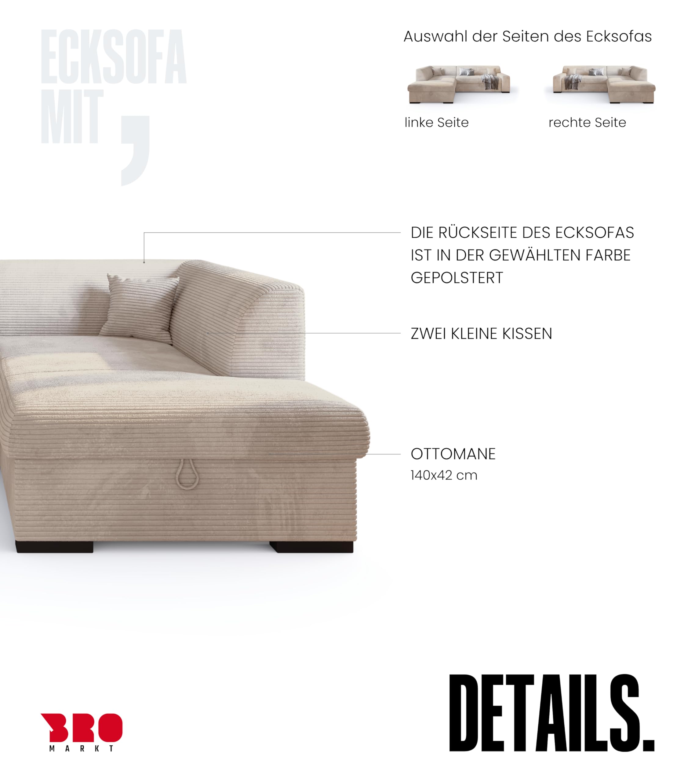 BROMARKT Ecksofa mit Schlaffunktion 260 cm L Form Vanille Rechts Seite Couch Sofa mit Bettkasten Schlafcouch Schalsofa 3 sitzer Eckcouch Sofabett Wohnlandschaft Cordstoff