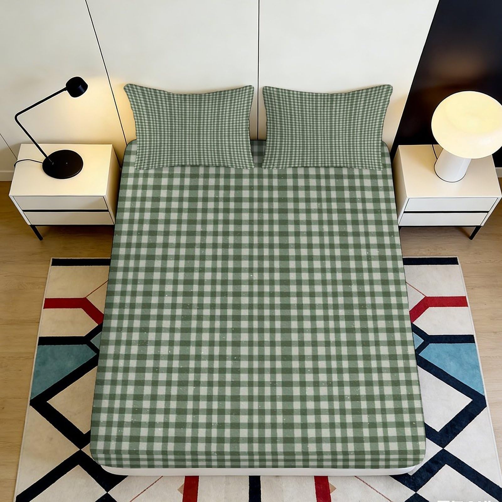 3D Printed Green Checkered Fitted Sheet Microfiber Soft Breathable Plaid Bed Cover for Bedroom Dormitory Guest Room Mattress Protection Decor 180x200x25cm