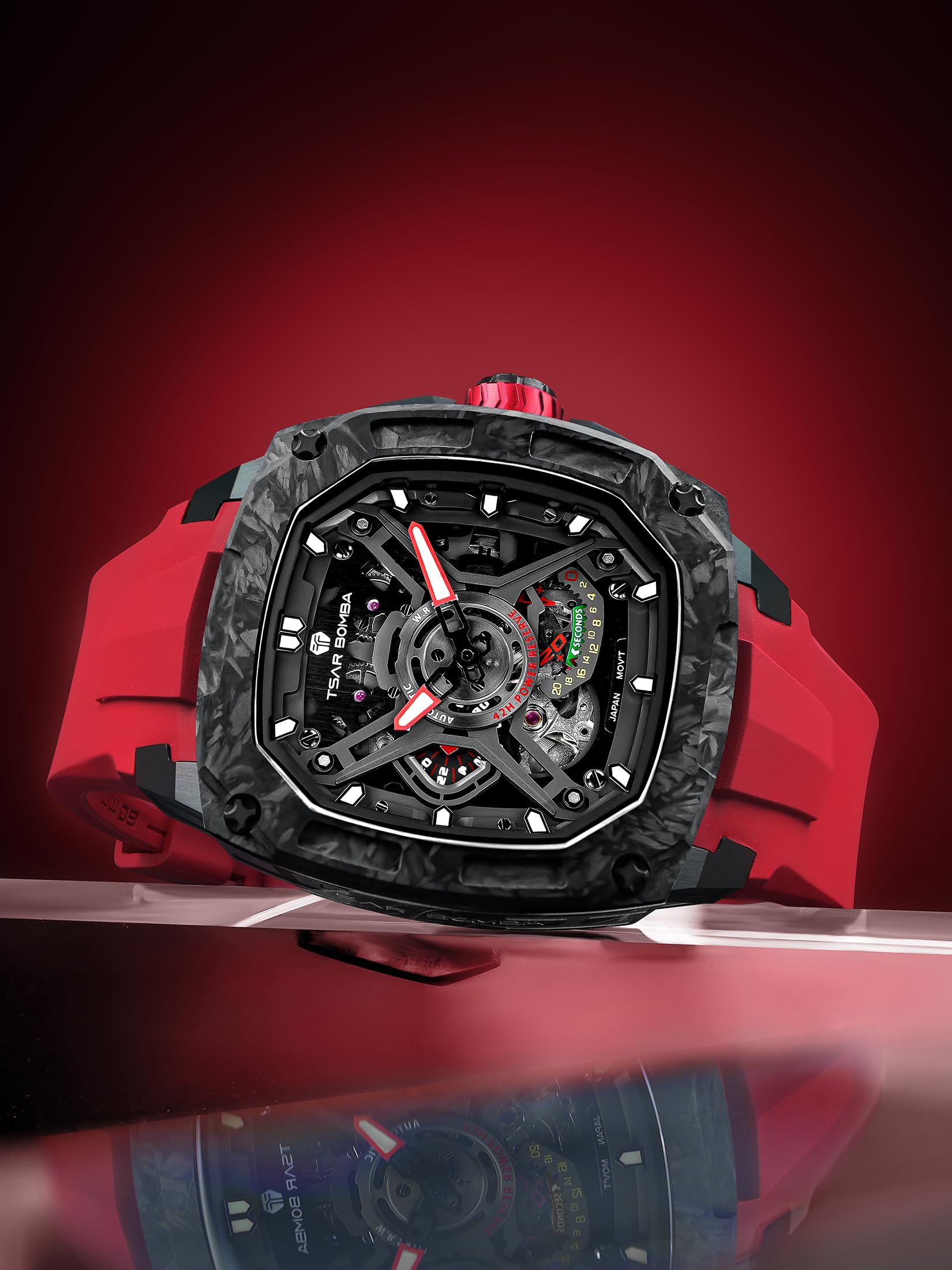 TSAR BOMBA Automatik-Herrenuhr Uhren Herren Saphirglas Karbon-Gehäuse | Japanisches Uhrwerk,sportlich-elegant für Business & Freizeit,bequemes Kautschukband,luxuriöses Design Rot