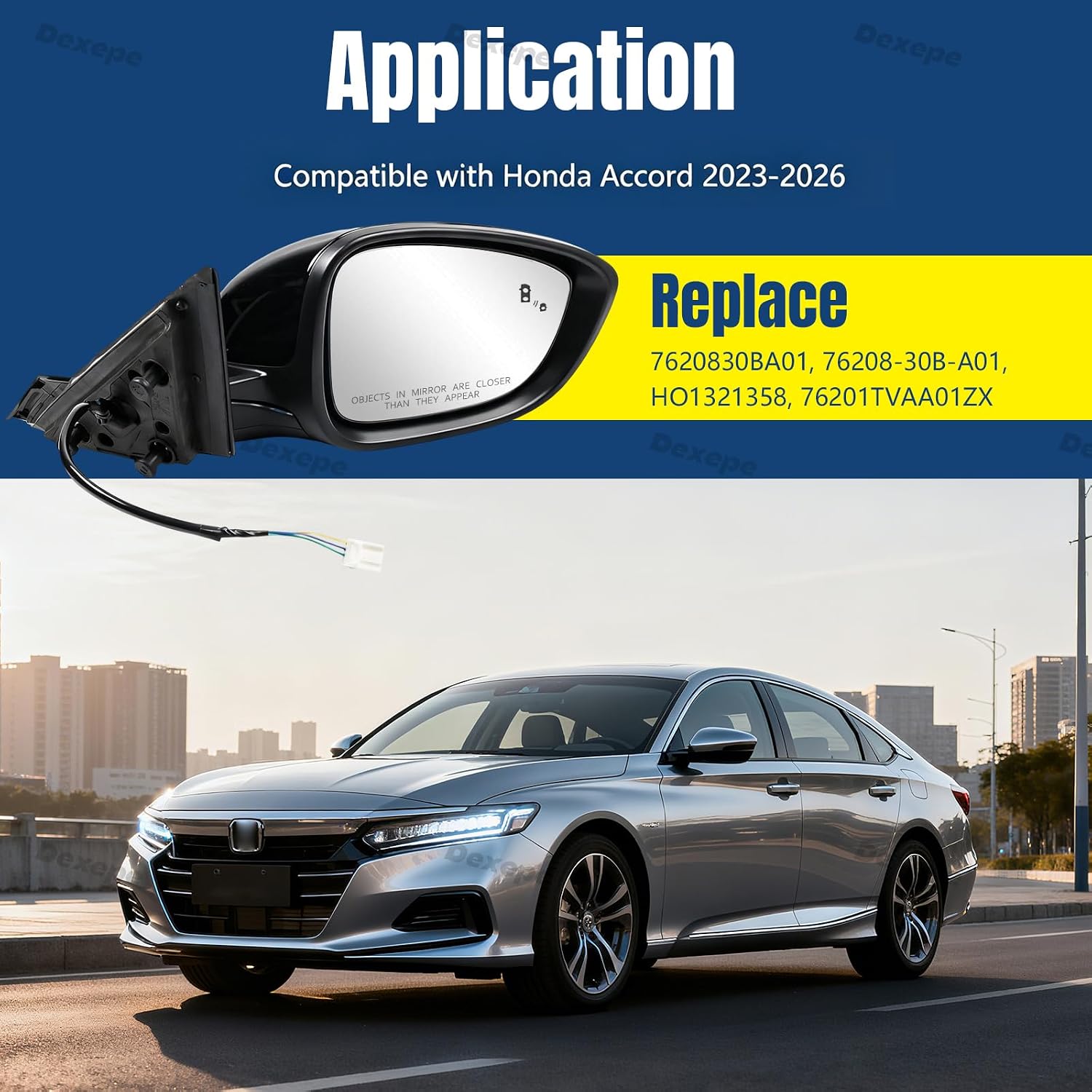 Passenger Side Mirror Assembly Compatible with Honda Accord 2023-2026 with Blind Spot Monitor, Power Adjustable Glass Replace 7620830BA01, HO1321358 Black (5Pin Right)