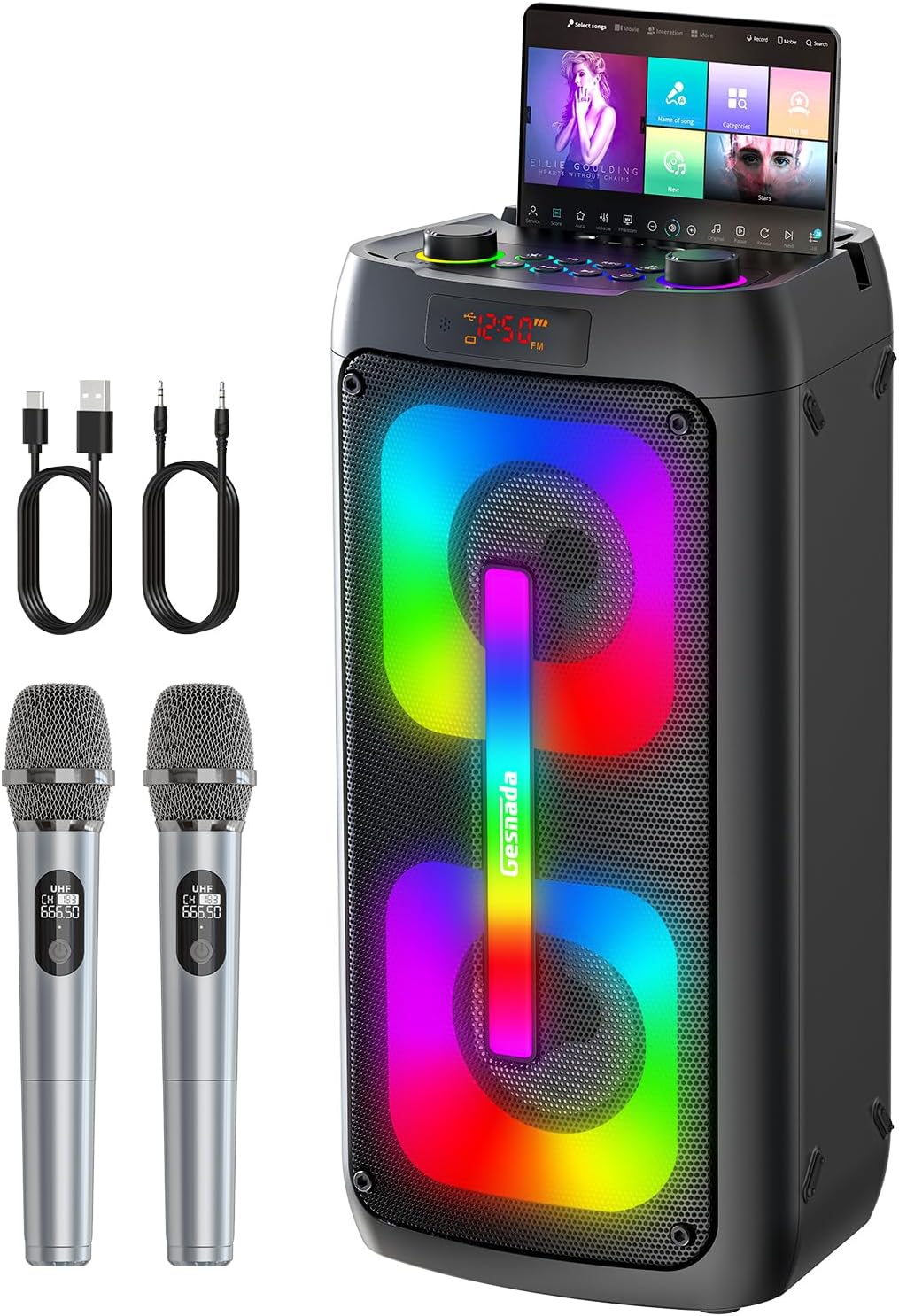 Karaoke Machine with 2 Wireless Microphones, Portable Speaker for Adults, 60W Powerful Sound, Bluetooth 5.3 & TWS Stereo, LED Lights, Supports Type-C/USB/TF/AUX for Home Party and Outdoor.