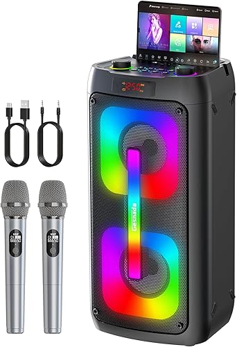 Máquina de karaoke para adultos, altavoz Bluetooth portátil con 2 micrófonos inalámbricos, sistema PA portátil con luces de discoteca para fiestas