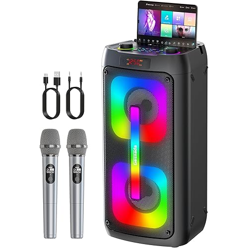 Karaoke Machine for Adults, Portable Bluetooth Speaker with 2 Wireless Microphones, Portable PA System with Disco Lights for Big Party, Outdoor, Ideal Gifts for Family, Music Lover