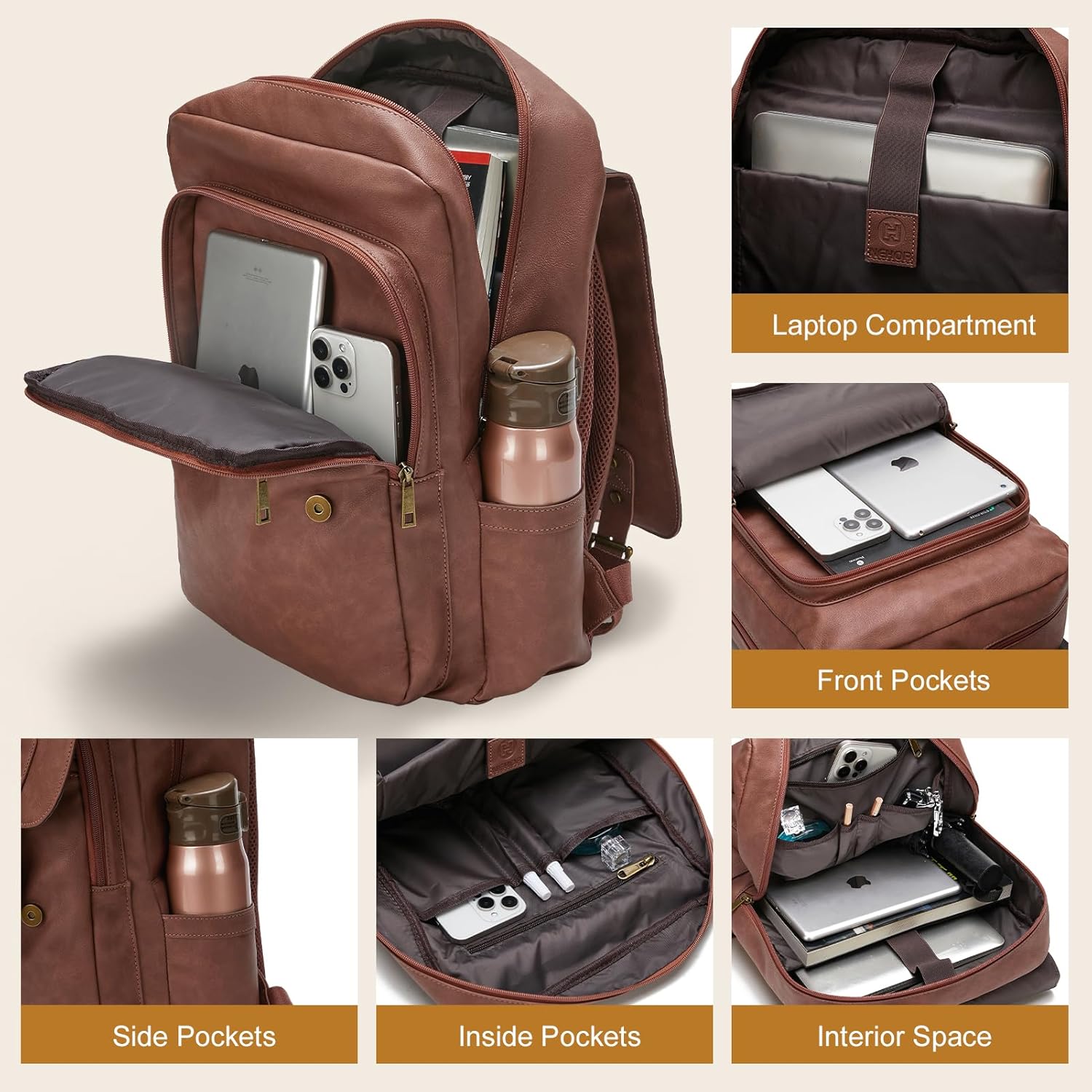 Leather Backpack for Men Women, 15.6in Laptop Backpack Waterproof Vintage Backpack for Commute Work Travel College Bookbag, Dark Brown