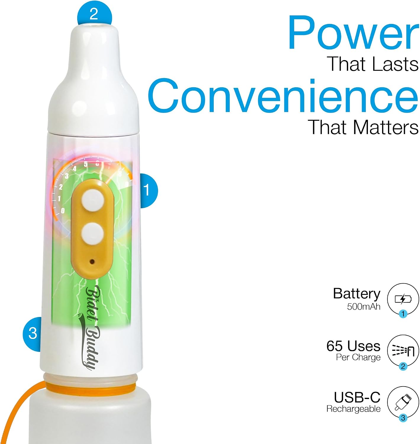 Bidet Buddy PureJet showing battery and USB-C charging