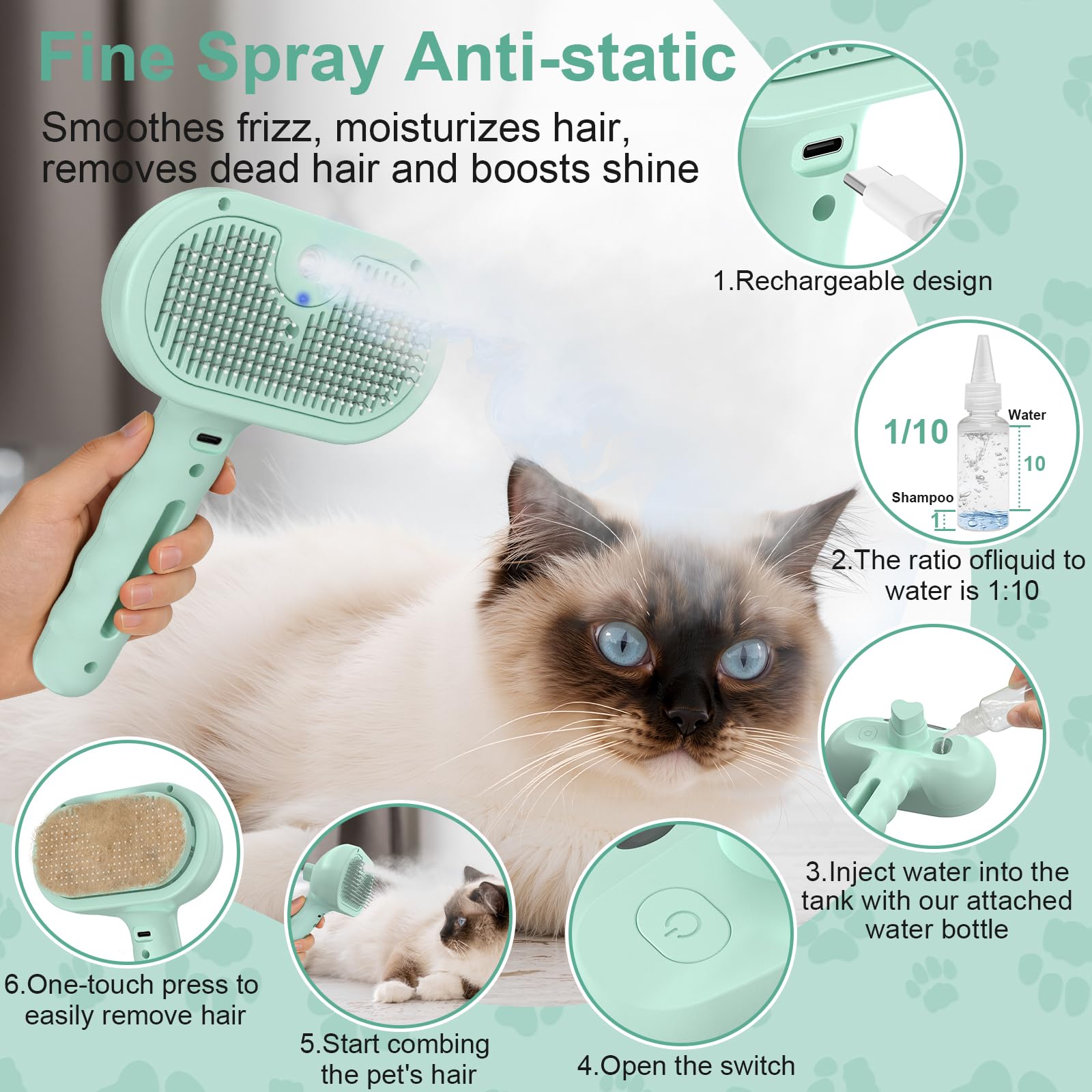 Cepillo para perros y gatos, cepillo de vapor para mascotas, cepillo de vapor para perros y gatos, peine antiestático de pelo largo y corto, herramienta de peluquería para mascotas, verde