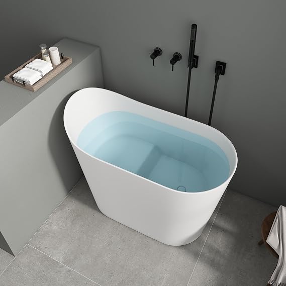 SJ Star&Jane 43 Solid Surface Japanese Soaking Bathtub Stone Resin Freestanding Tub Deep Soaking Bathtub Sit-In Design with Drain