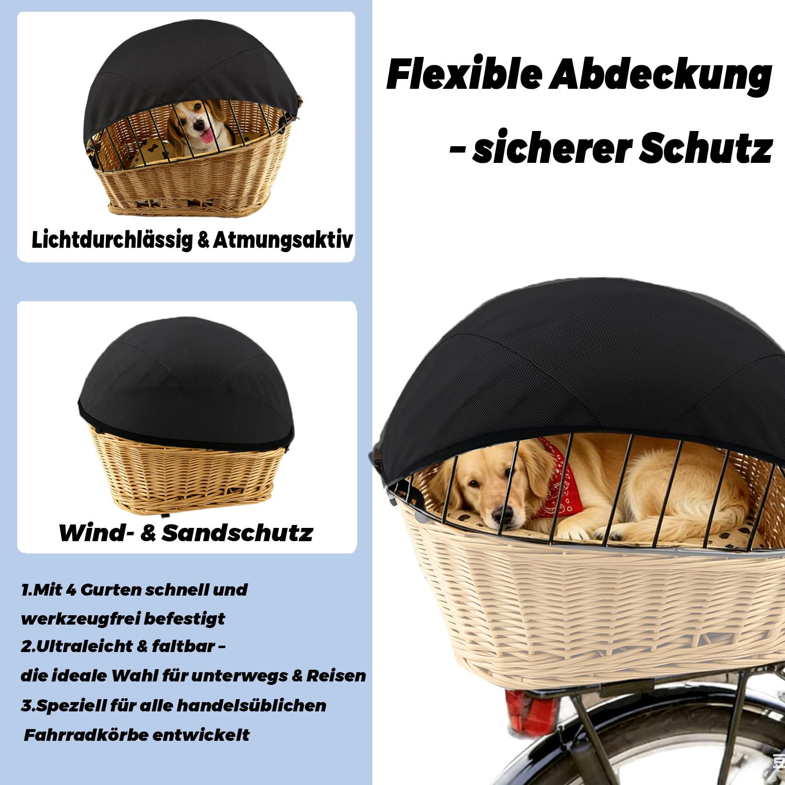 Sonnensegel für Hundefahrradkorb & Fahrradkorb – Großes, verstellbares Schutznetz für Hunde – Atmungsaktiv, Wind- & staubgeschützt, sicher & stabil