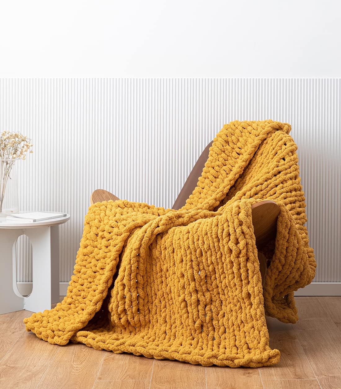 Chunky Knit Blanket Soft Chenille Yarn Knitted Throw Blanket 50"X60" Handmade Cable Warm Thick Giant Blanket for Couch Bed Trips (Turmeric Yellow, Throw 50"X60")?-¡­