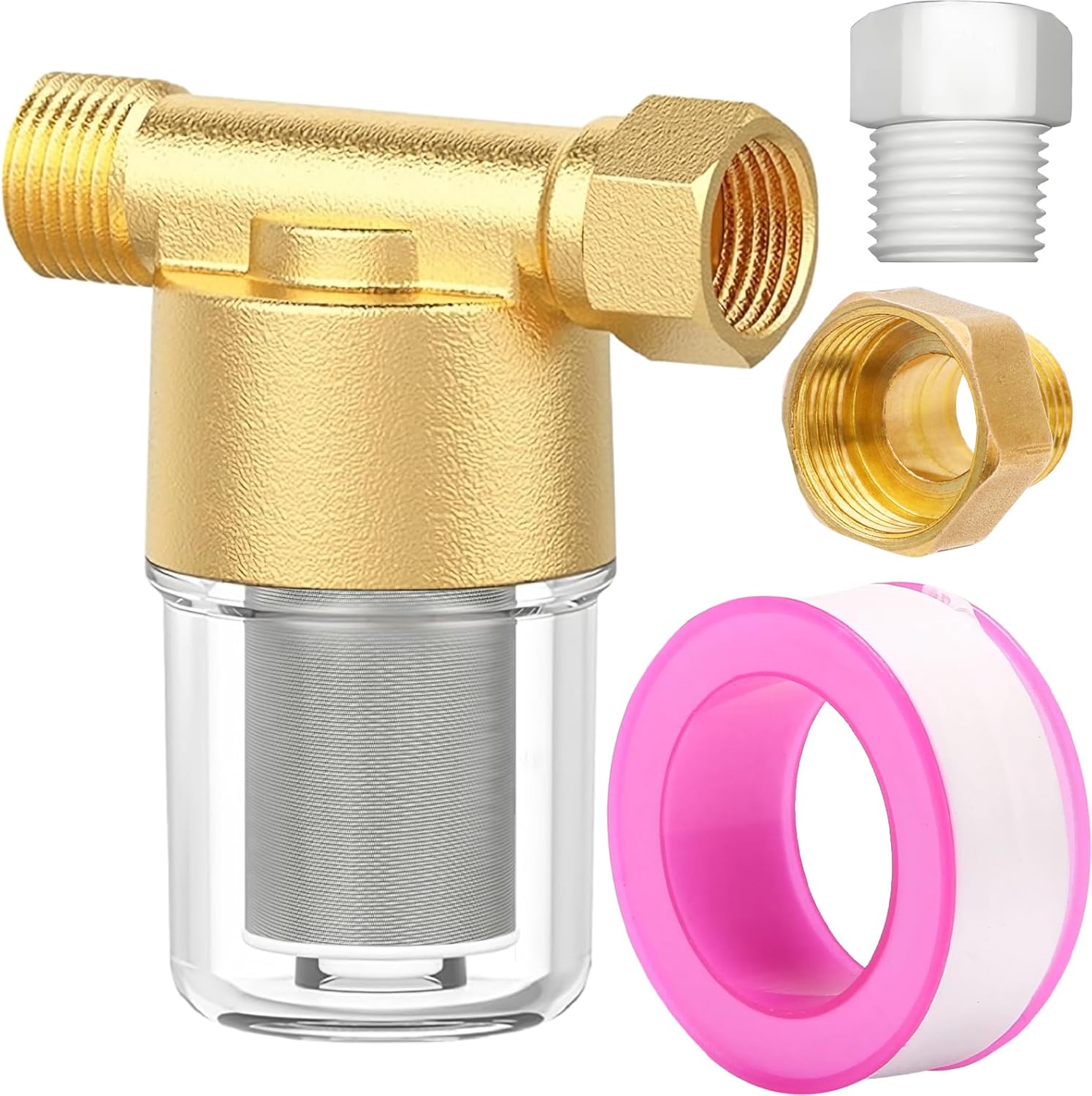 Pacify 40 Micron Reusable Brass Sediment Filter, Inline Washing Machine Water Filter System for Washer, Shower, Heater, Well Water, Garden, RV, Impede Scale