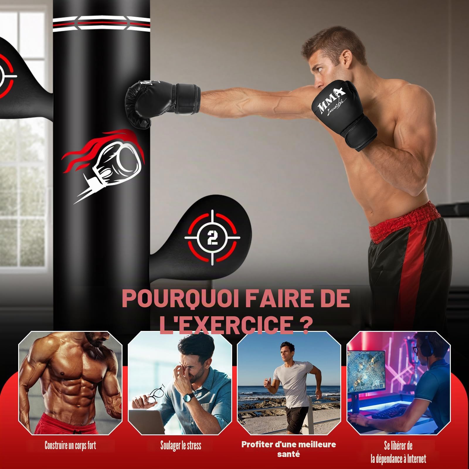 NZQXJXZ Sac de Frappe Adulte, 180cm Sac de Boxe Autoportant avec Gants de Boxe, Pompe, Corde à Sauter et Balle de Réflexe, Sac de Frappe Gonflable pour Hommes pour Entraînement Muay Thai MMA Fitness