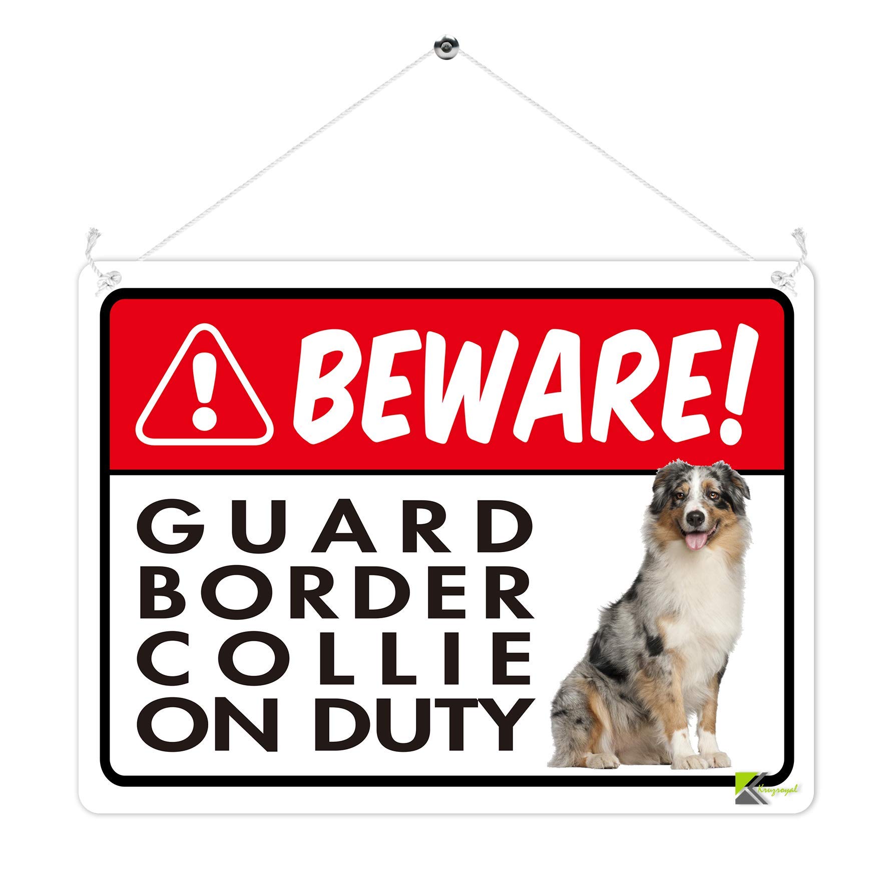 Kruzroyal MP341 BEWARE!, Guard border collie on duty. Funny Novelty Retro Vintage Metal Wall Sign Plaque 20cm x 15cm