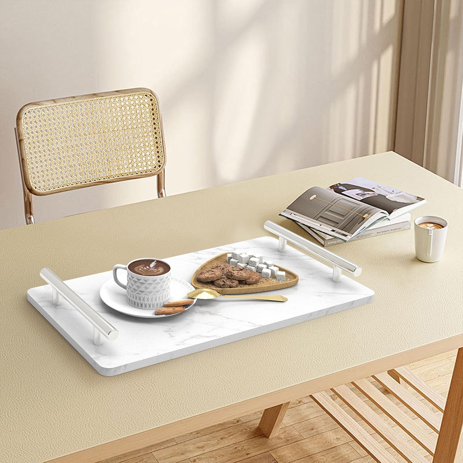 Guest Towel Holder Tray for Bathroom,Marble Bathroom Tray with Handles - Napkin Holder for Bathroom & Kitchen -Decorative Tray for Living Room & Cosmetic(Silver,Large)