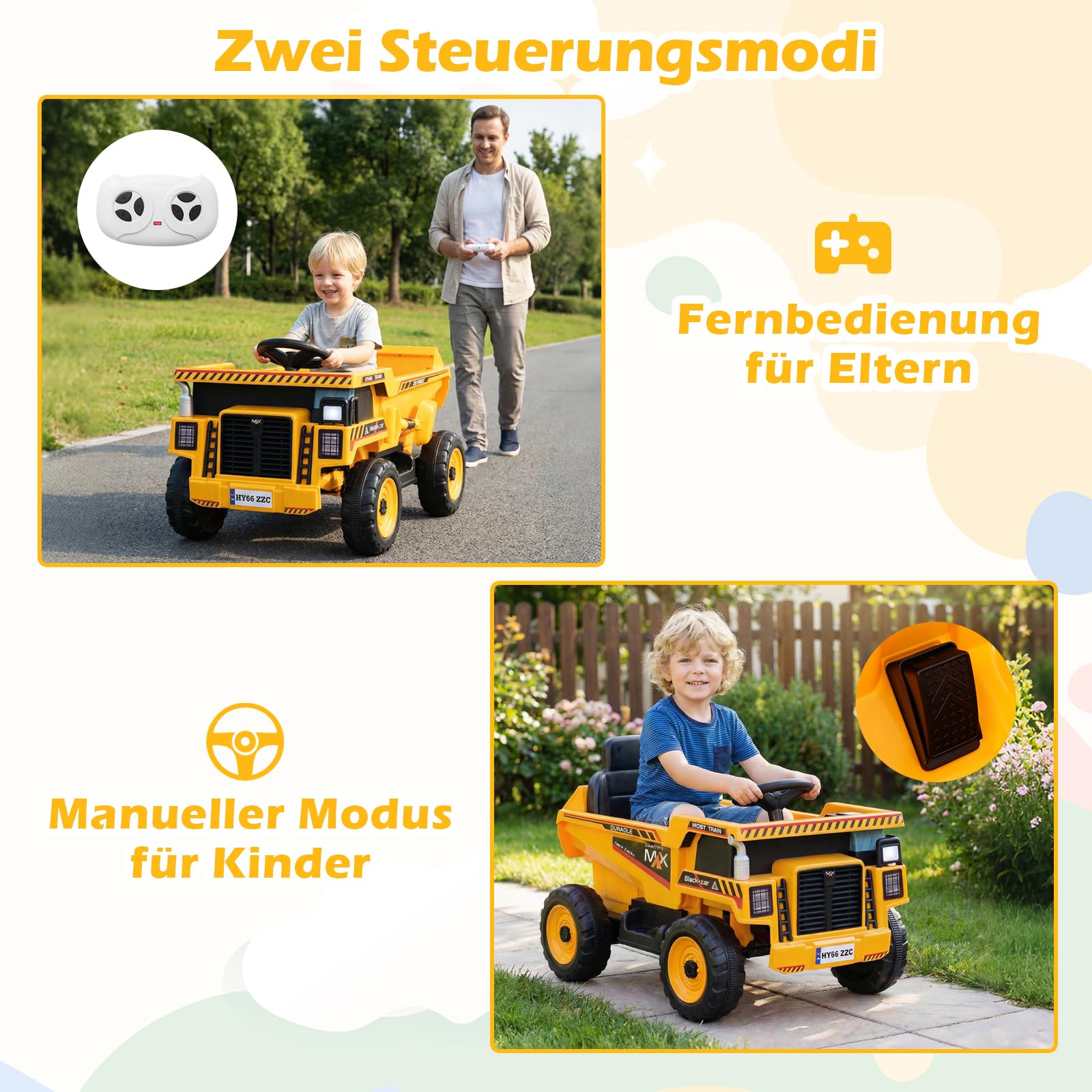 COSTWAY 24V Kinder Elektroauto, Kinderauto Elektrisch mit Kippmulde, Schaufel & Fernbedienung, Elektrofahrzeug mit Scheinwerfer, Musik & Hupe, Muldenkipper für Kinder ab 3 Jahren