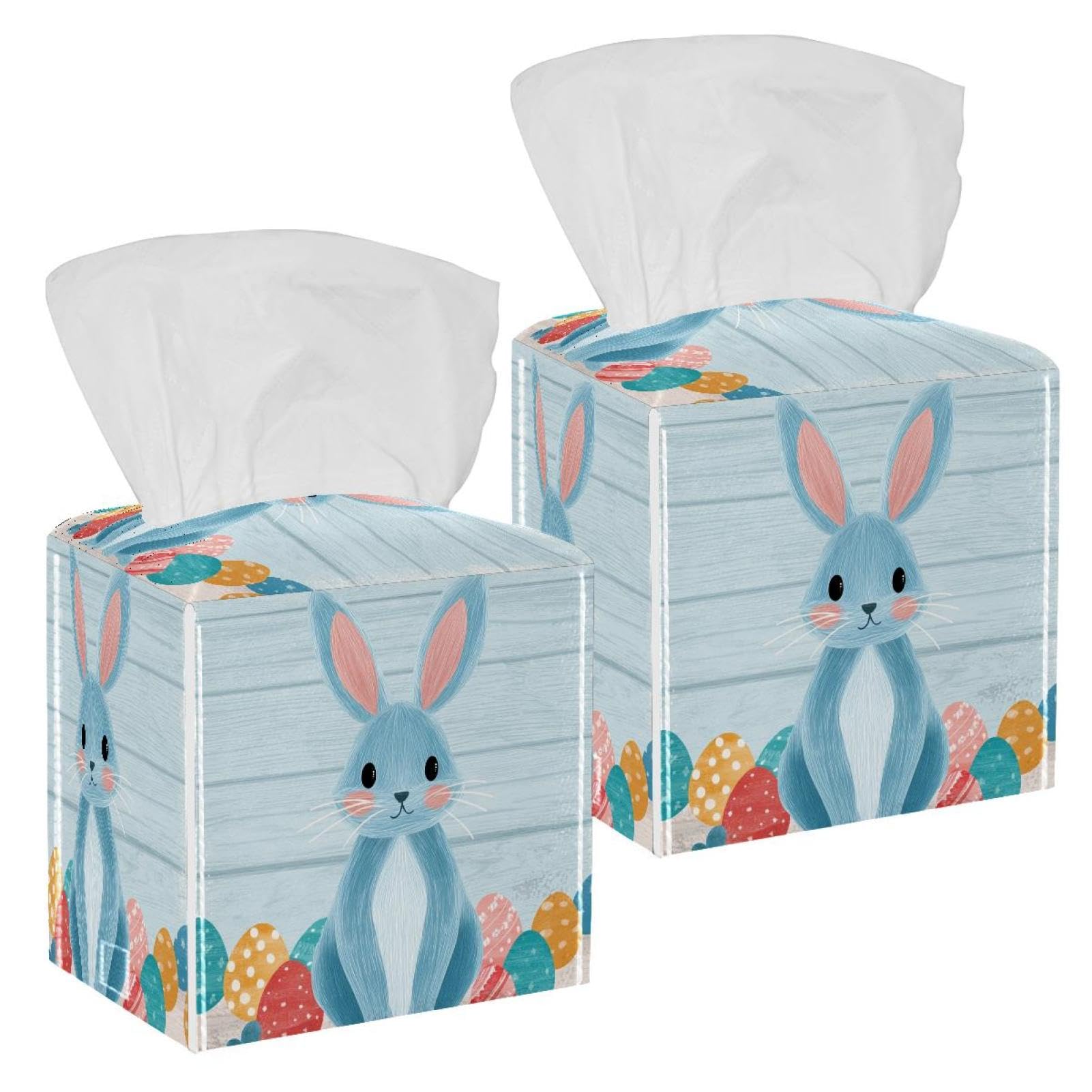 Easter Eggs and Rabbit Tissue Box Cover, 2 Pack PU Leather Square Facial Tissue Dispenser Box holder for Home Office Car