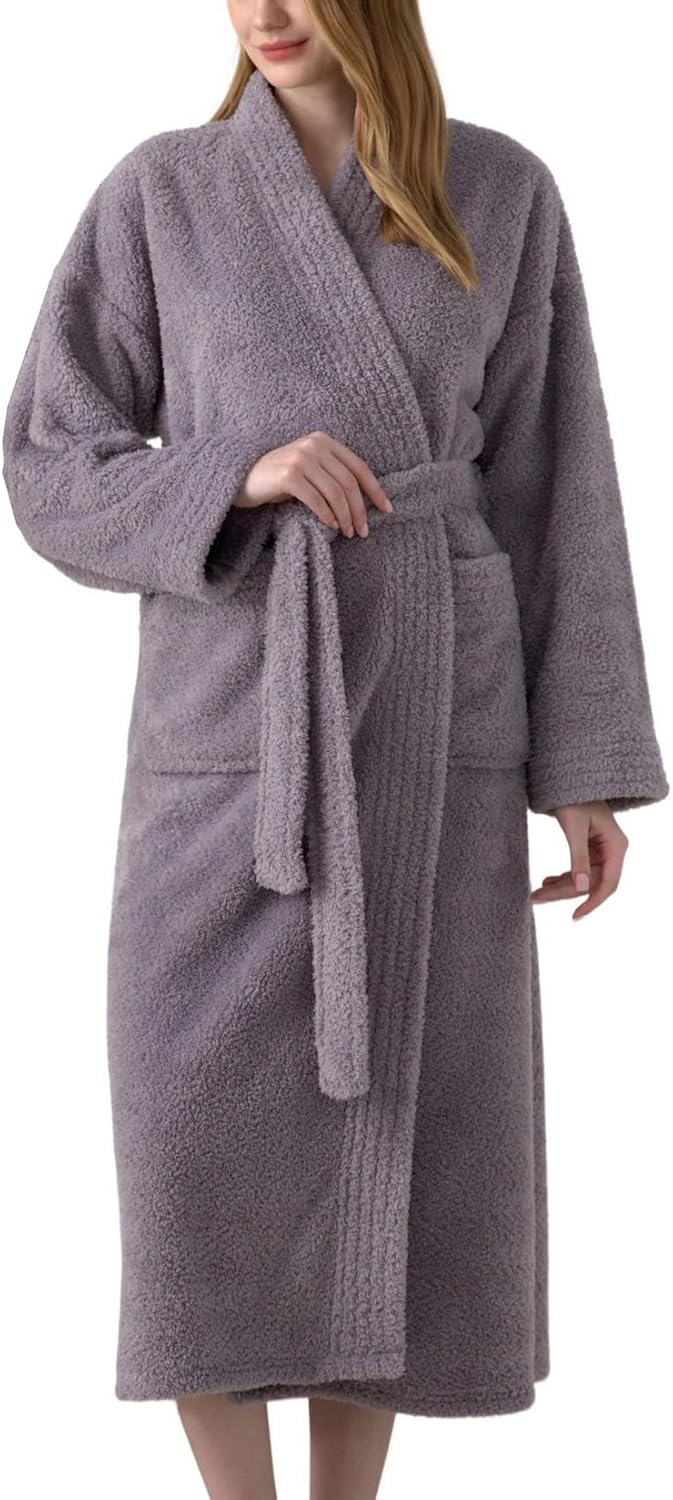 Lu's Chic Women's Belt Fleece Bath Robe Chic Bathrobes Calf Length Fall Cold Weather Chunky Long Sleeve Loungewear