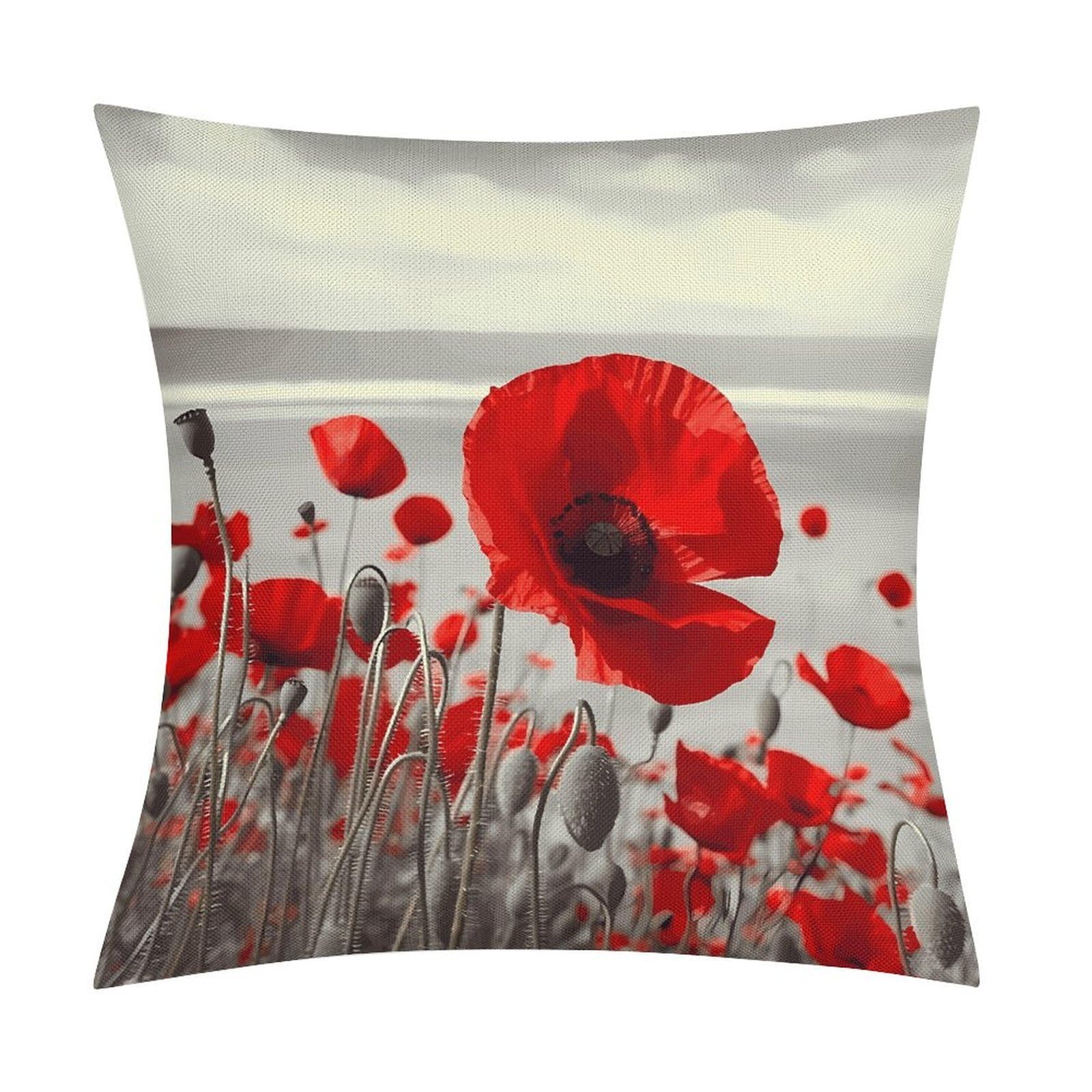 LZQPOEAS Red Poppy Flower Throw Pillow Covers, Waterproof Faux Linen Pillow Cases with Invisible Zipper, Decorative Square Cushion Covers for Sofa Couch Living Room Bedroom 18x18 Inch