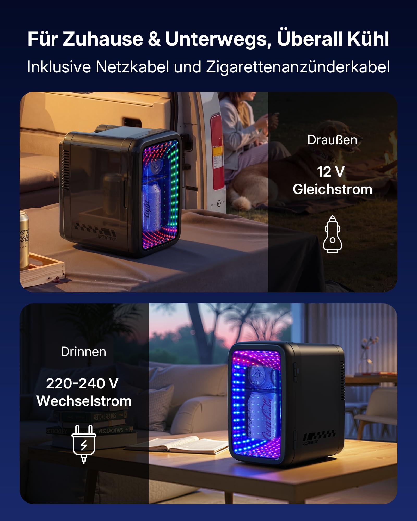Upstreman Mini Kühlschrank 4L / 6 Dosen, Minikühlschrank mit LED-Beleuchtung, 12V/220V, Mini Kühlschrank Gaming, Schlafsaal, Büro & Auto, Schwarz,TR4-S