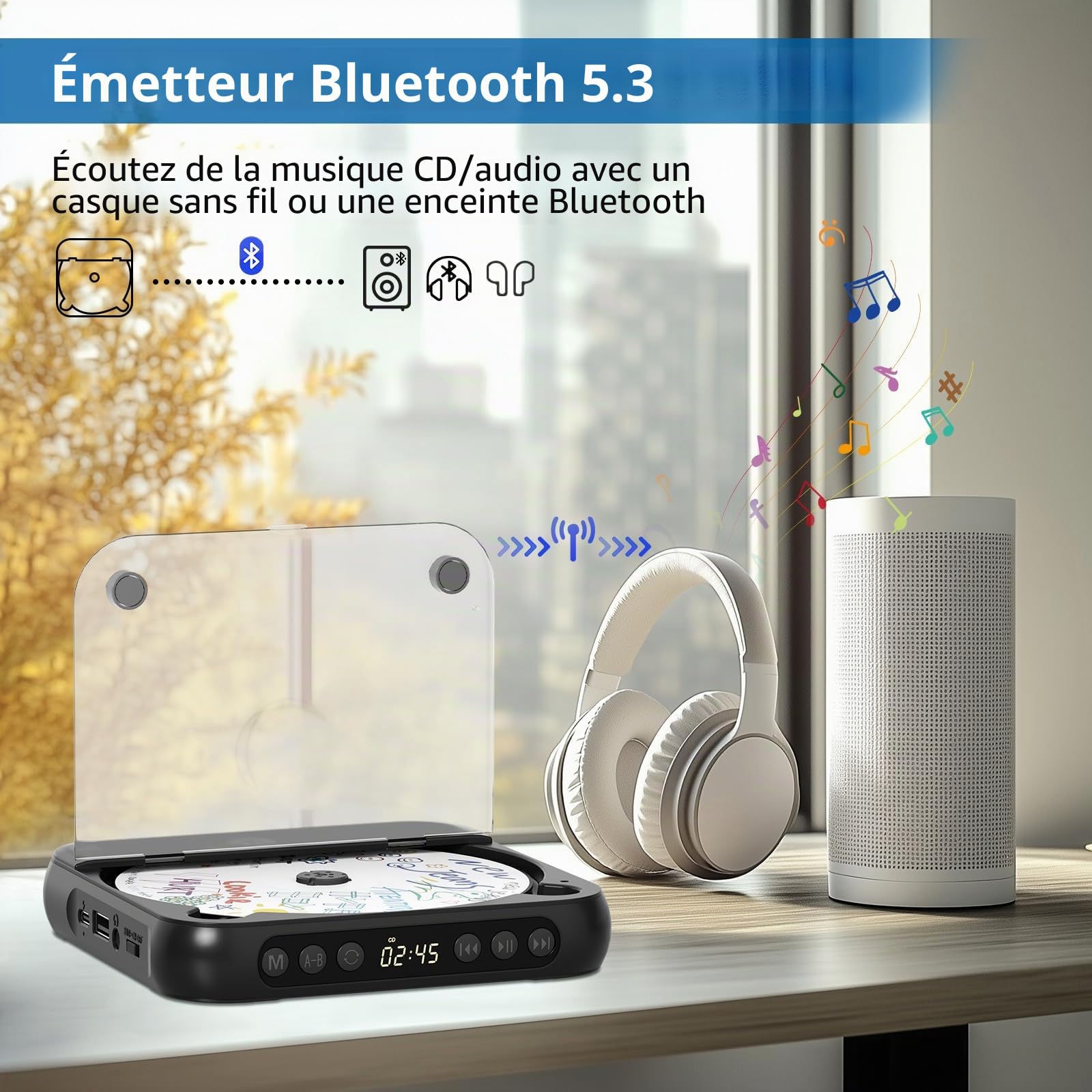 Lecteur CD portable avec Bluetooth, petit lecteur CD rechargeable, haut-parleurs HiFi intégrés, lecteur CD Walkman avec écouteurs, écran LCD, prise en charge CD/AUX/USB/répétition, noir