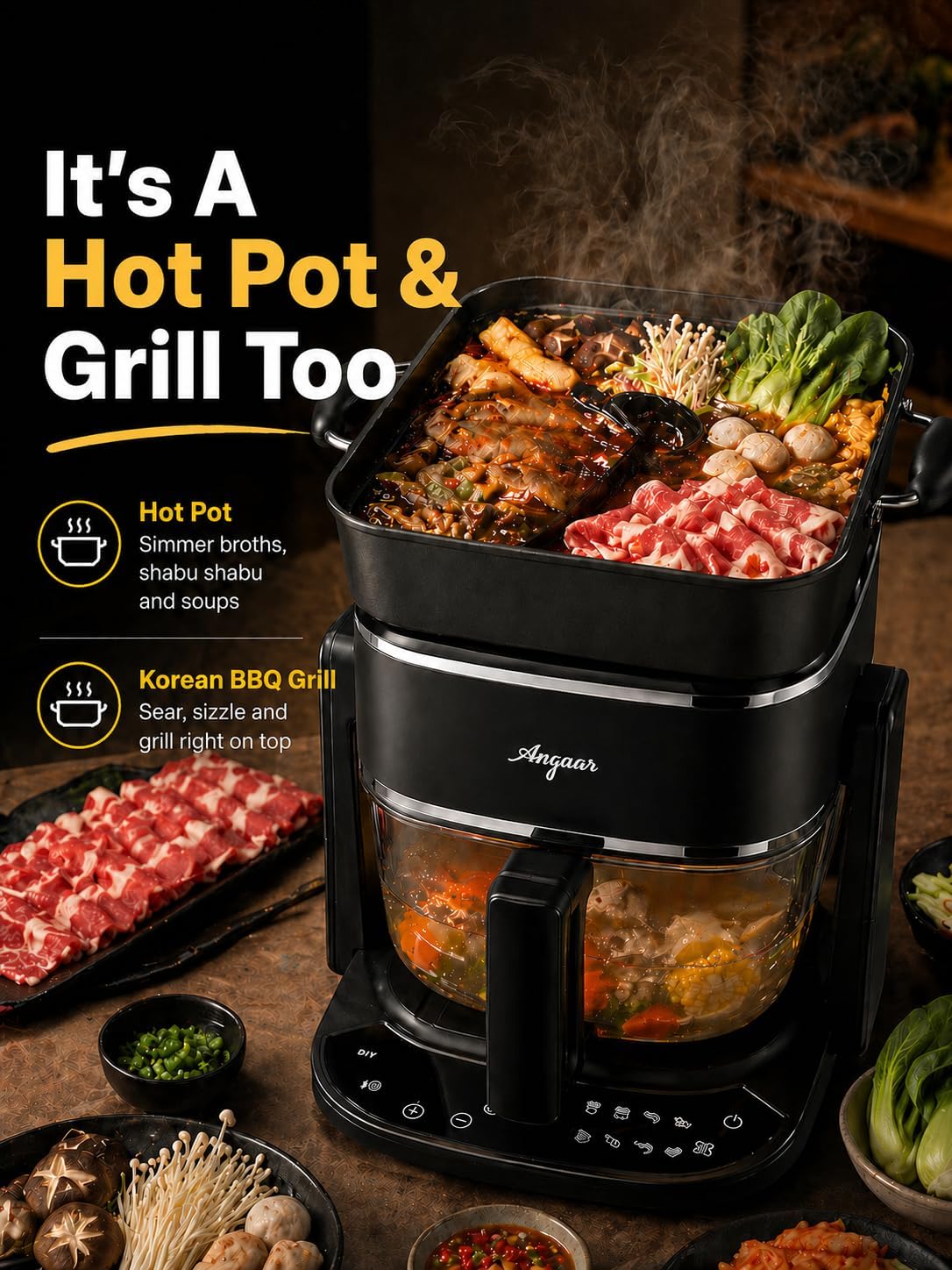 Angaar Korean BBQ Hotpot & Electric Grill, 3-in-1 Tabletop Cooker – 1400W 4.5L Glass Basket, Shabu Shabu, Air Fry & Contact Grill, Ceramic Non-Stick, 60-Min Timer