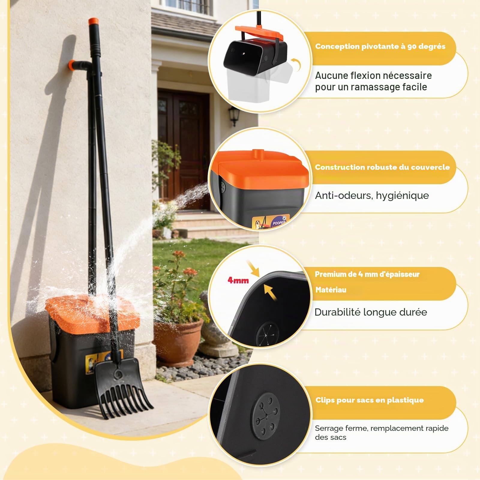 Pelle Ramasse Crottes pour Chiens, Pelle à Déjections Canines et Râteau, Pelle a Crotte Portable Kit de Ramasse Crotte et Râteau avec 35 Sacs à Déchets 117cm Poignée Longue Réglable (Orange)