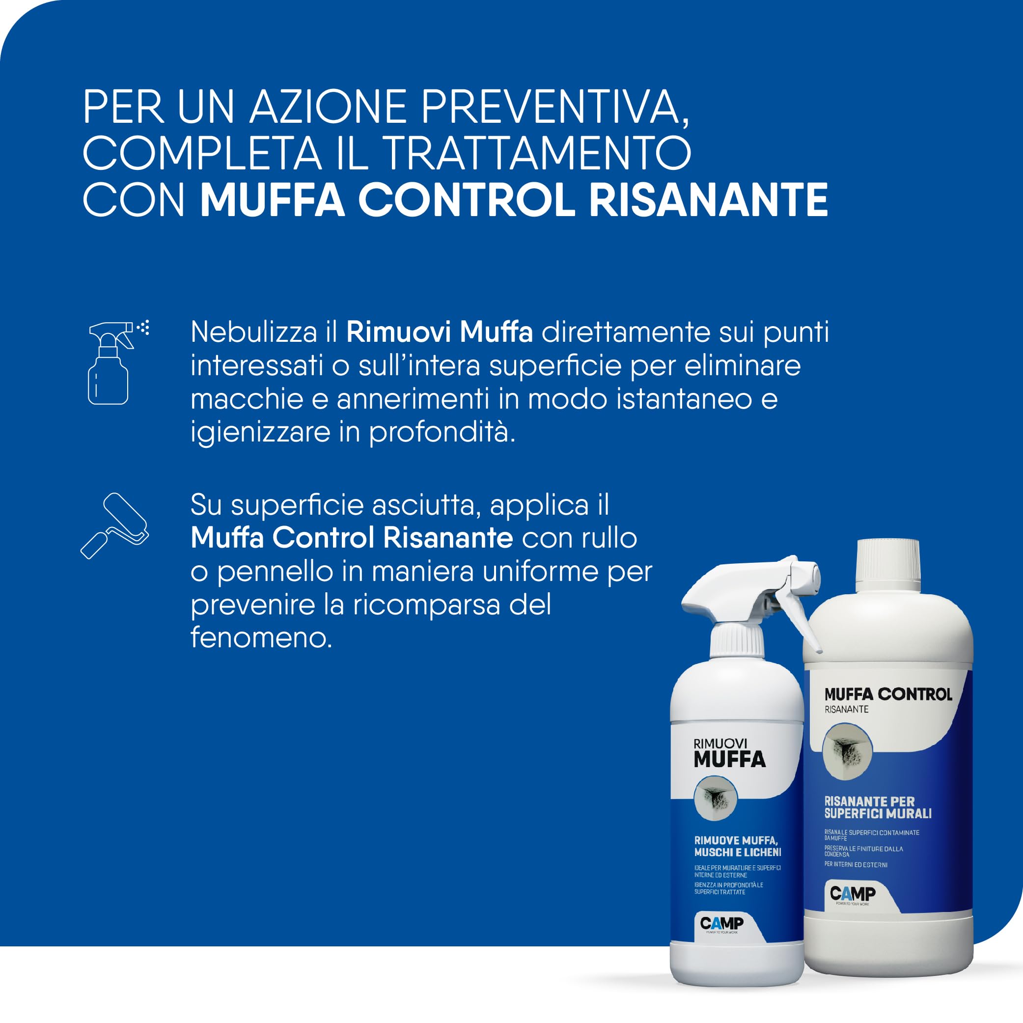 CAMP Trattamento Completo Rimuovi Muffa, 300 ml + Muffa Control Risanante, 1 L - Rimuove rapidamente muffe, muschi e licheni, Risana le superfici, Efficacia Duratura
