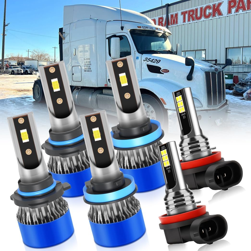 Compatible For Peterbilt 579 587 2013-2017 Front Light Bulbs, 9005 High Beam + H11 Low Beam + H11 Fog Light Bulbs Combo,600% Brightness 6500K 22000LM, Plug and Play,Pack of 6