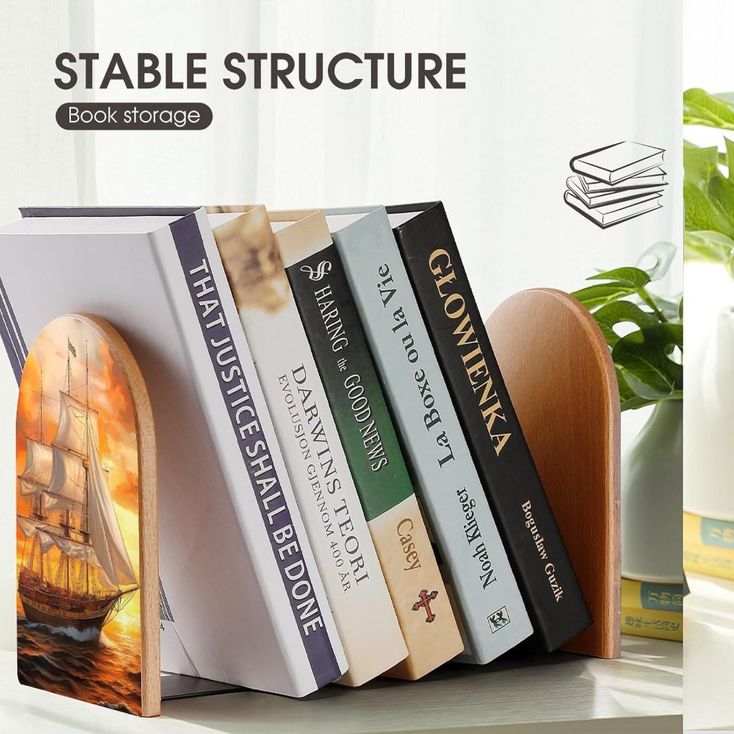 Sail Boat Sailing Ship Cute Wood Book Ends Decorative Bookends 1 Pair Non-Skid for Shelves Home Office 7 X 5 Inch