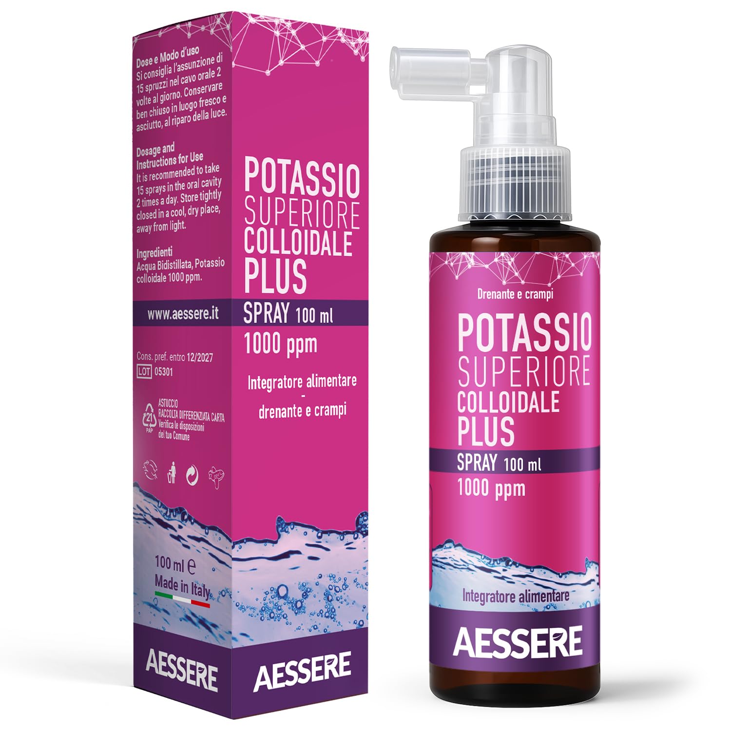 Potassio Colloidale Spray - Integratore di Potassio Plus ad Alta Biodisponibilità 1000 ppm Supporto per Crampi, Muscoli e Sistema Nervoso, Senza Zuccheri, Gusto Neutro - Made in Italy- Aessere 100ml