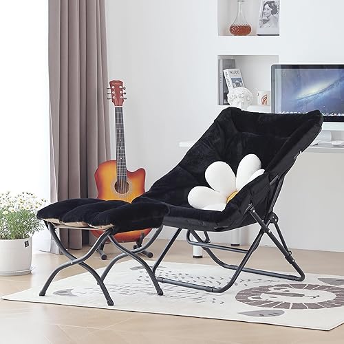 Miniatura 2 de Cómoda silla plegable con otomana, silla plegable de piel sintética de gran tamaño, silla suave y peluda con marco de metal, silla de luna para