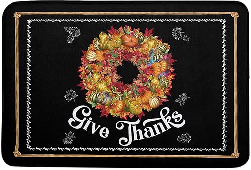 Thanksgiving Sponge Beth Mat, Indoor Bathroom Mat Absorb Water, Non Slip Washable Mud Dirt per Mats Rugs for Entrance, Pumpkin Maple Leaves Wreath