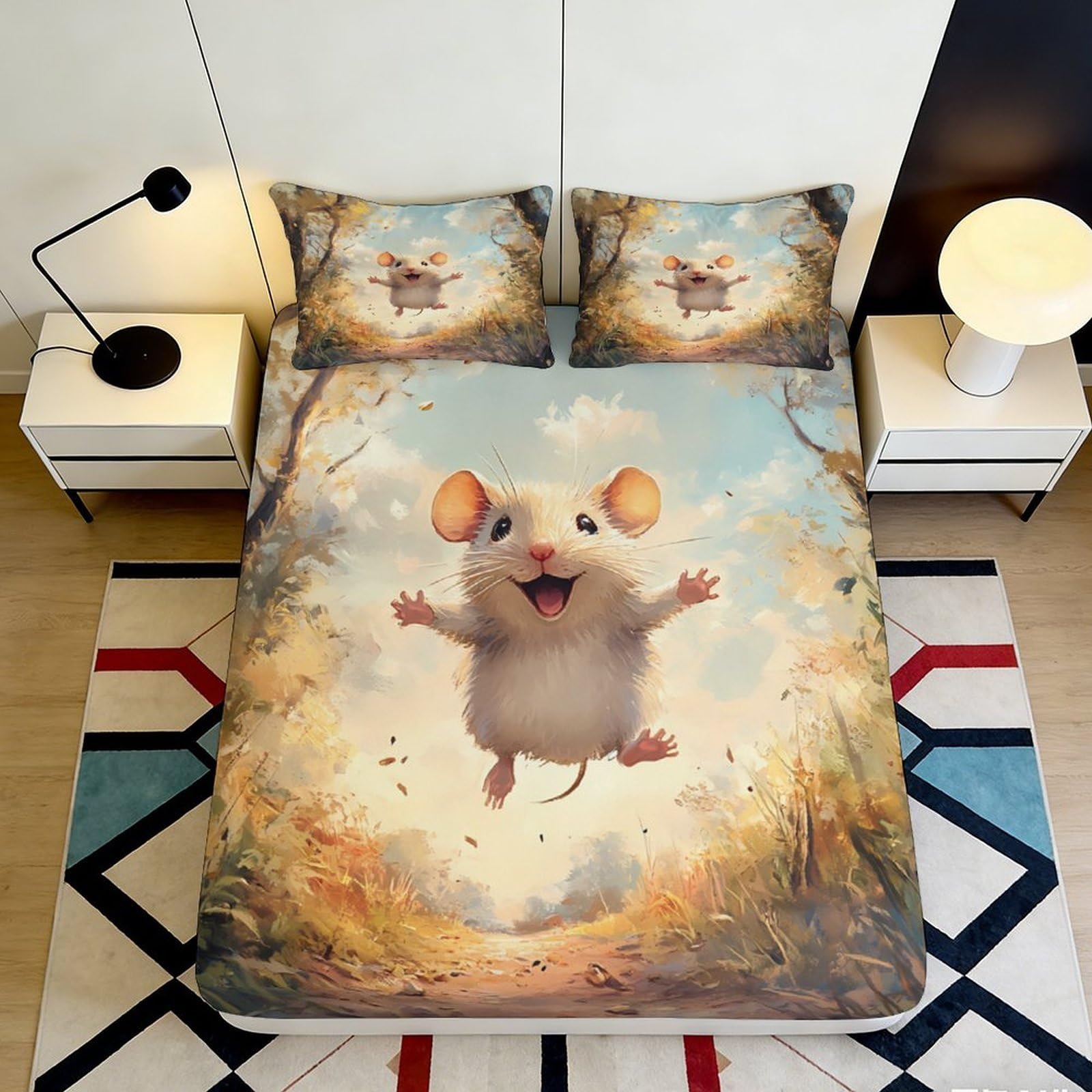 3D Printed Cartoon Mouse Fitted Sheet Microfiber Anti-Slip Bed Cover for Bedroom Guest Room Easy Care Decor 90x200x25cm