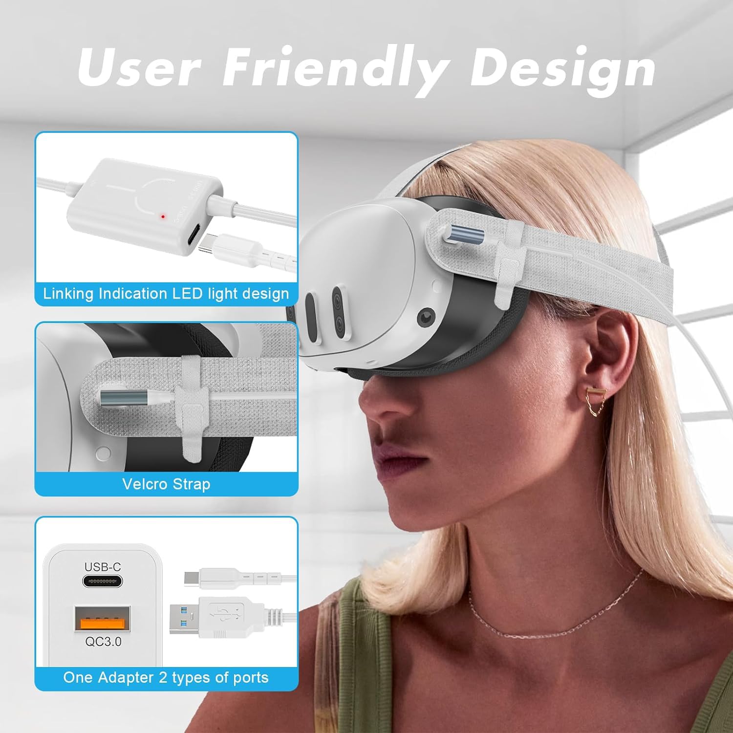 Accessorio cavo da 16 piedi per Meta Quest 3/Quest 2/Quest 1, cavo VR con porta di ricarica indipendente, cavo di ricarica USB 3.0 da tipo C a tipo C per PC da gioco con cuffie VR