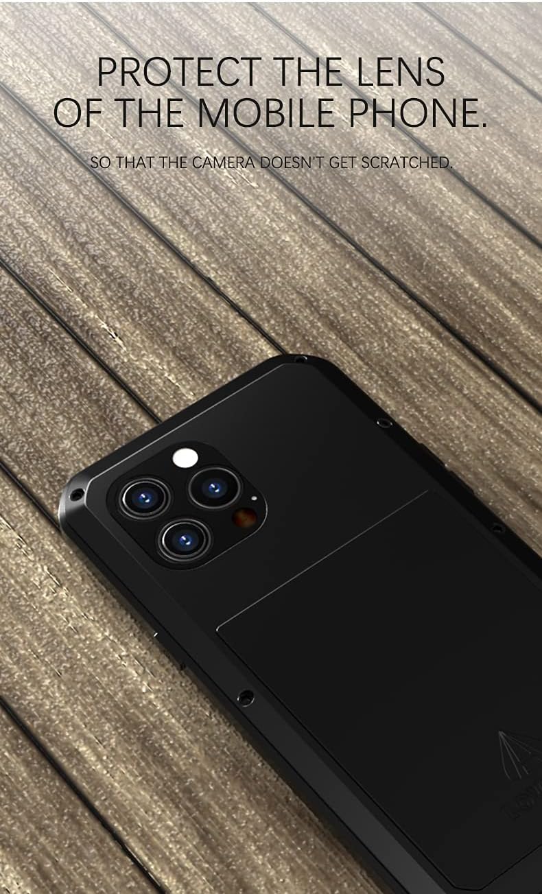 LOVE MEI Compatible with iPhone 13 Pro Max Case, Outdoor Sports Waterproof Military Heavy Duty Shockproof Dustproof Hybrid Aluminum Metal+Silicone+Tempered Glass Case Cover (Black)