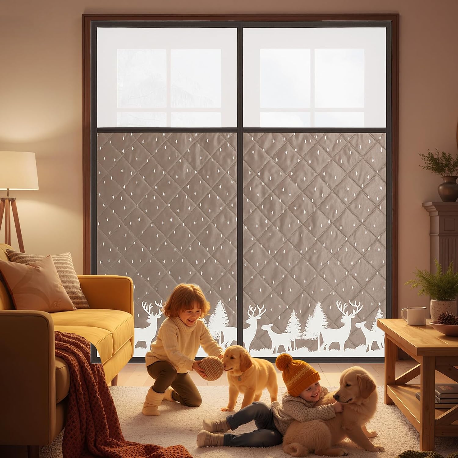 Magnetic Thermal Door Curtains for Winter Insulated with Window, Oxford Blackout Winter Forest Door Cover for 72 * 80 Inch Doors, Energy Saving Draft Blocking Wind and Snow