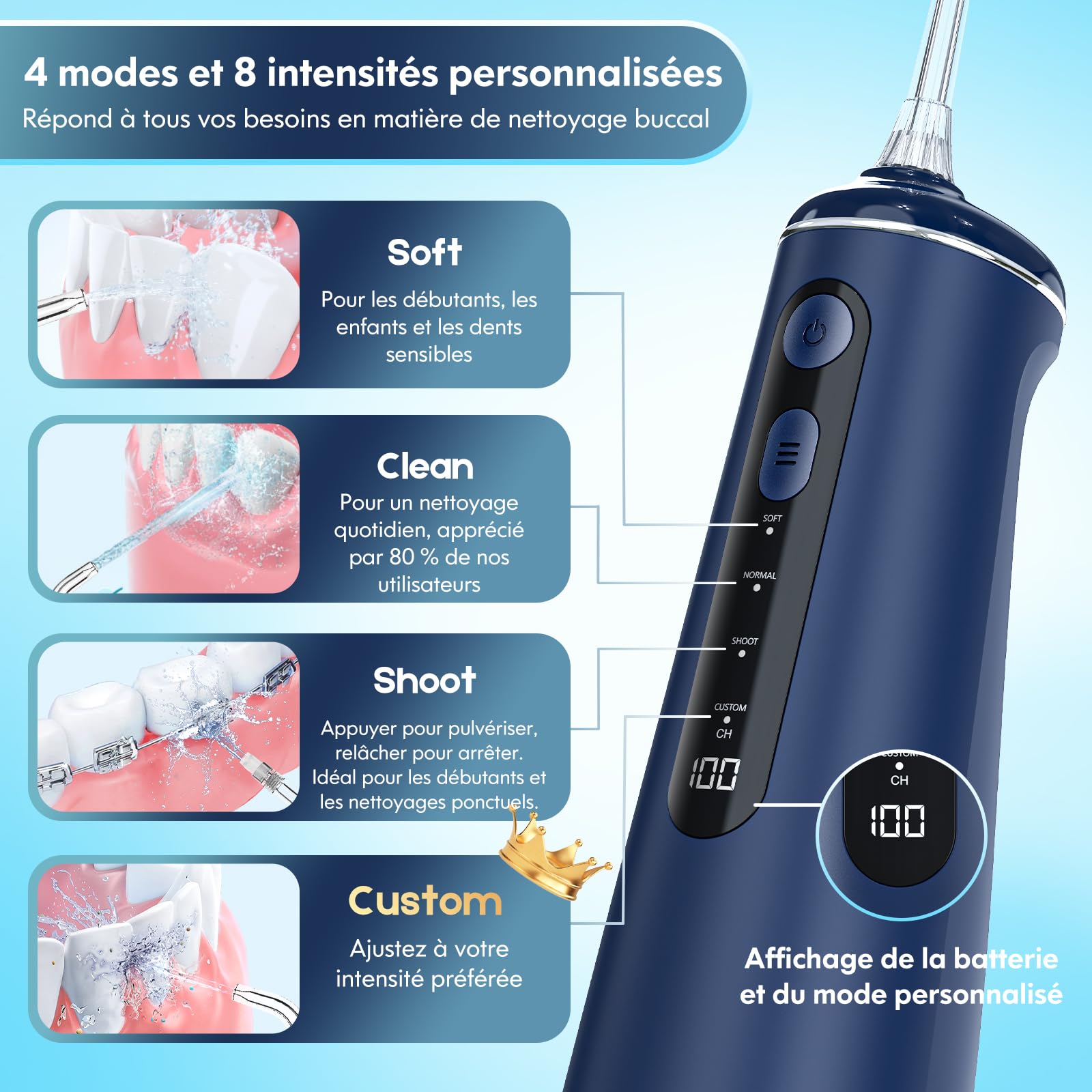 Jet Dentaire Hydropulseur Dentaire, Water flosser Hydropulseur et Irrigateur avec 8 Modes Personnalisables 7 Buses Réservoir de 300 ml (Bleu)