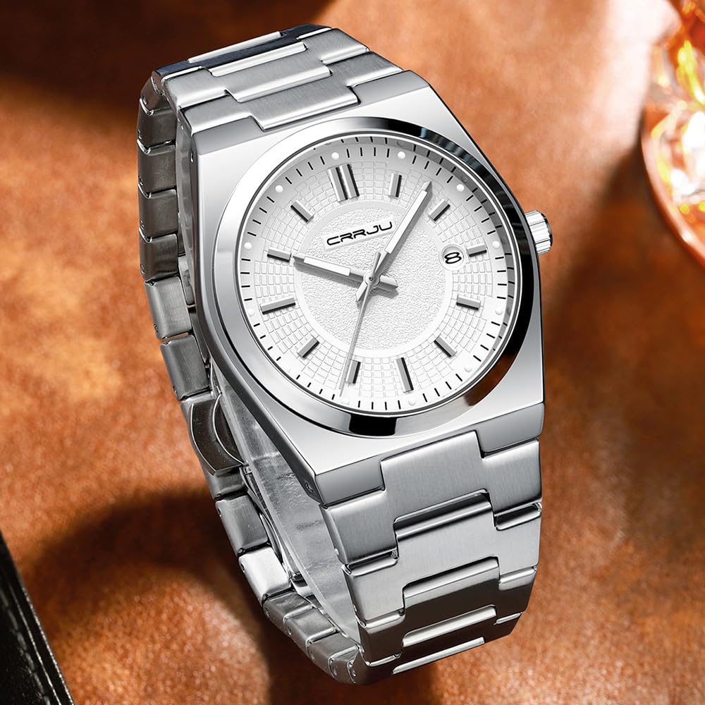 CRRJU Watches for Men,Fashion Luxury Luminous Analog Quartz Wristwatches,Business Man Calendar Watches Silver — view 3