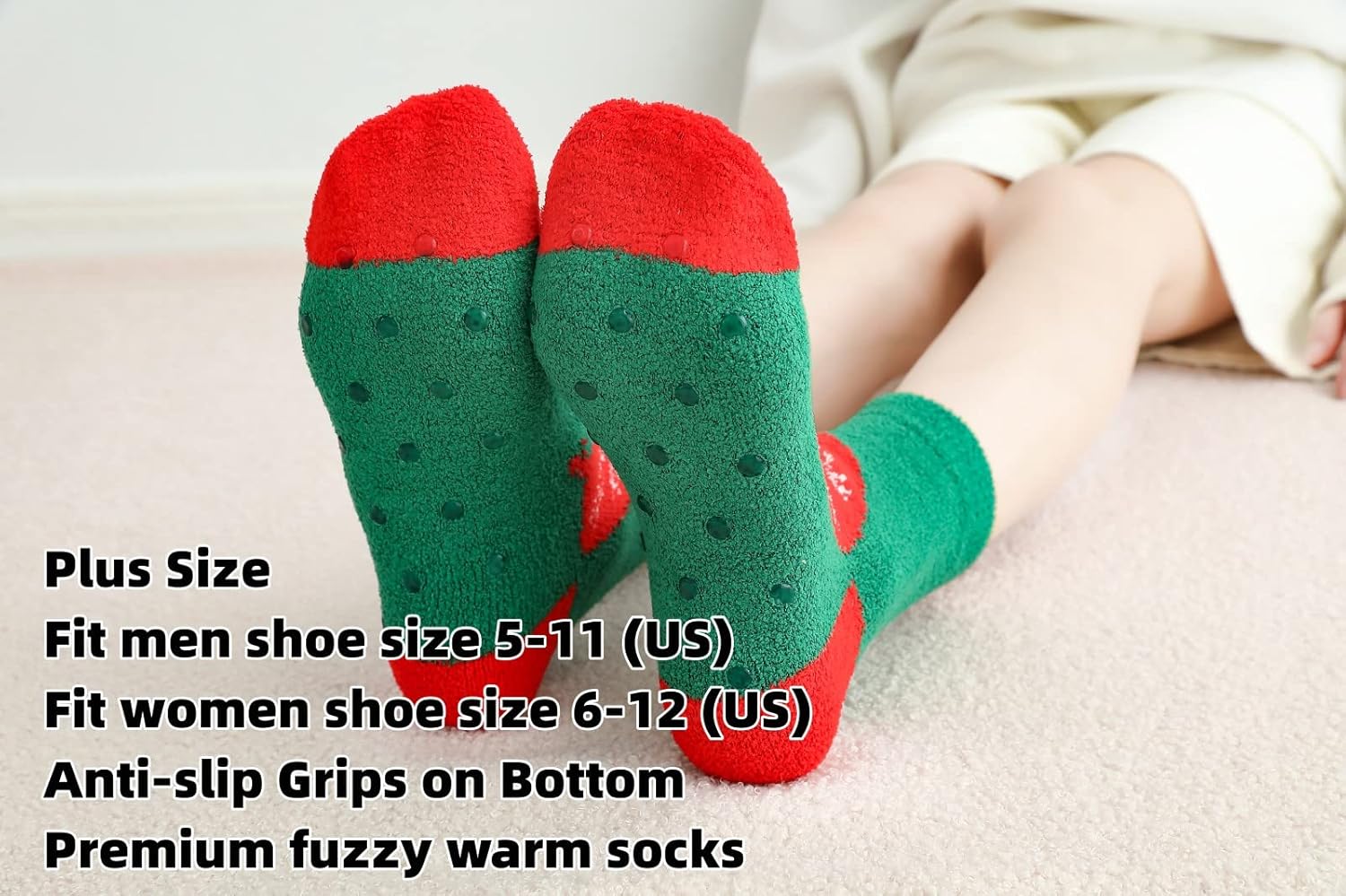 Gellwhu Adult Christmas Fuzzy Socks with Grips Plus Size Warm Winter Luxury Cozy Fluffy Holiday Socks Stocking Stuffers Gifts - Image 3