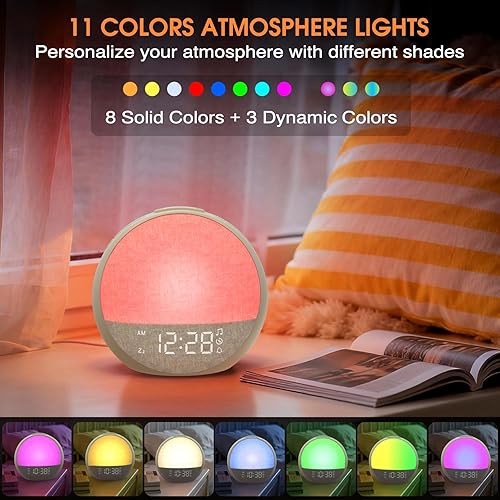 Miniatura 6 de Reloj despertador de amanecer, máquina de sonido de ruido blanco con 30 sonidos relajantes, luz nocturna regulable, lámpara de luz solar natural,