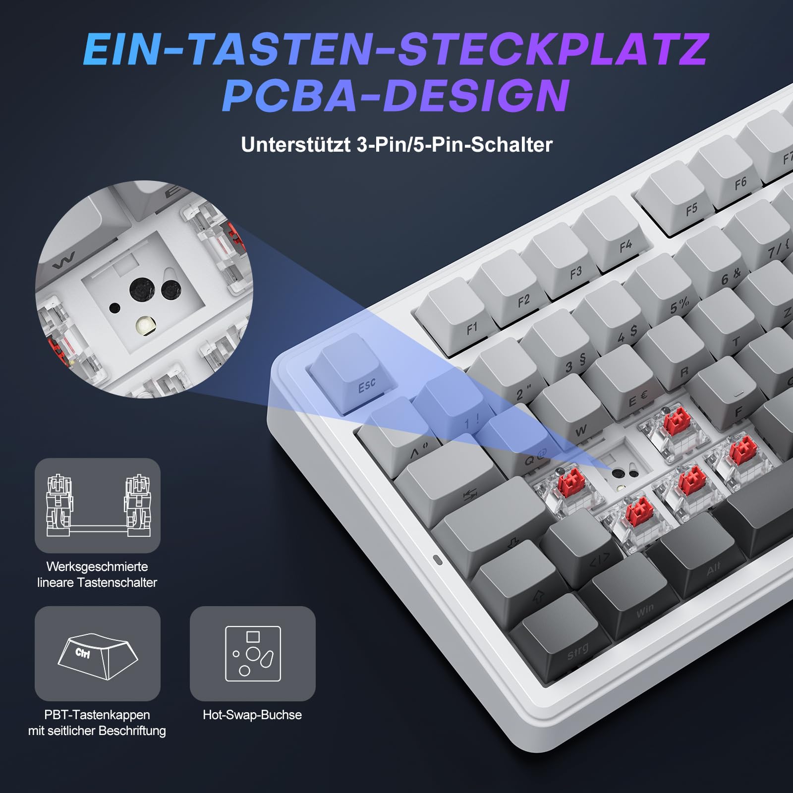TECURS Klawiatura gamingowa mechaniczna ISO-DE | 75% Hot-Swap Sideprinte klawiatura bezprzewodowa czerwona oś Gasket Mount, PBT, RGB, Creamy MK209 Keyboard (2,4 G/BT/typ C) QWERTZ – dla graczy Setup