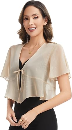 Women Shiny Chiffon Shrug Tie Front Tops for Dress Sheer Short Sleeve Bolero Cardigan