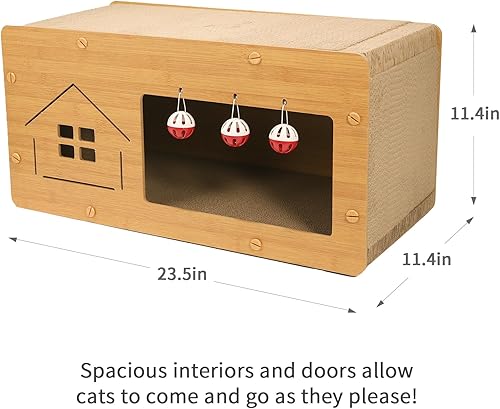 Miniatura 4 de Casa de cartón extragrande para gatos de interior y rascador de gatos 2 en 1, casa de cartón para gatos con 3 campanas de 24 x 12 x 12 pulgadas