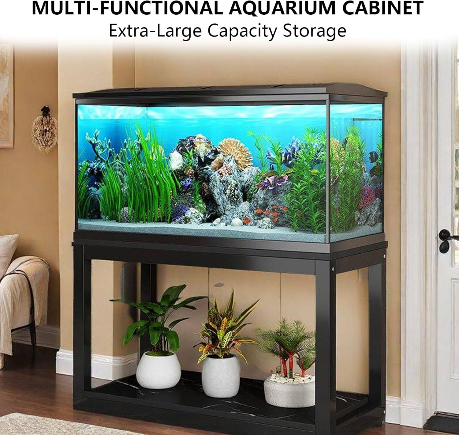 Vertical Reptile Tank Stand Aquarium Stand Fish Tank Cabinet Marble-Textured Panel Multi-Layered Storage Design Suitable for Living Rooms and Offices White + Black 40x30cm/15.7x11.8in