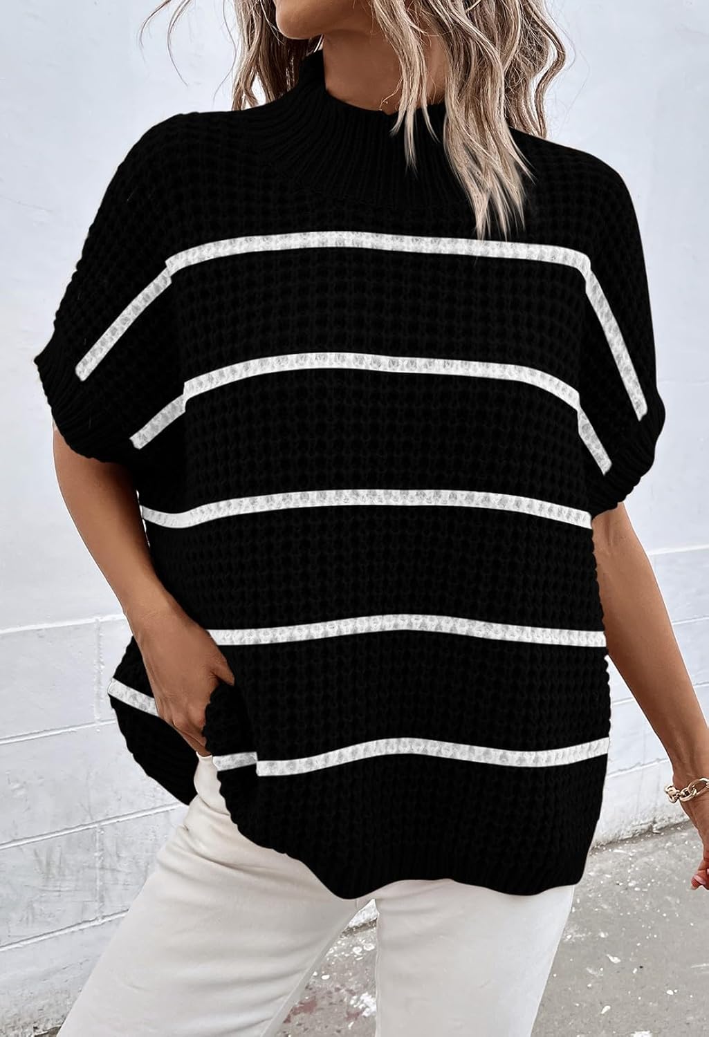 Viottiset Womens Oversized Short Batwing Sleeve Mock Neck Sweater Vest Fall Sleeveless Pullover Knit Sweaters - Image 5