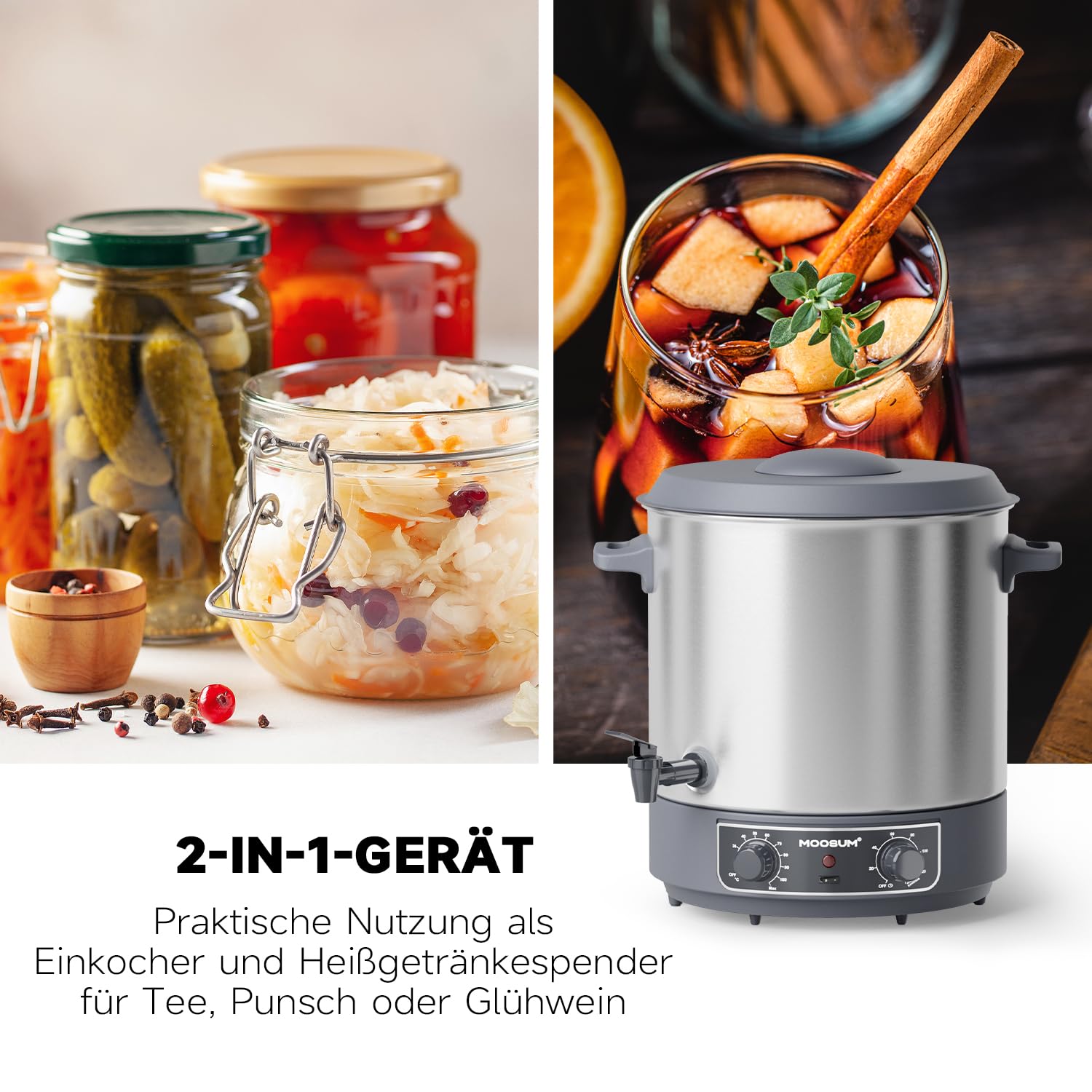 Einkochautomat mit Heißgetränkefunktion | 27 Liter Edelstahl 304 | Temperaturregelung 30-100°C | Timer (20-120 Min.) | Warmhaltefunktion & Überhitzungsschutz