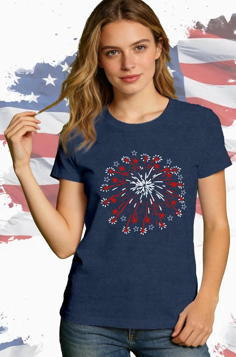 American Flag Shirt Women USA Firework Patriotic Print T-Shirts 4th of July Tee Tops - Image 3