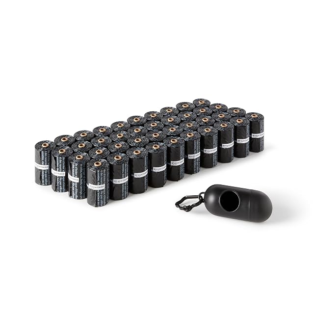 Amazon Basics Bolsas de basura para perros con dispensador y clip para correa, sin perfume