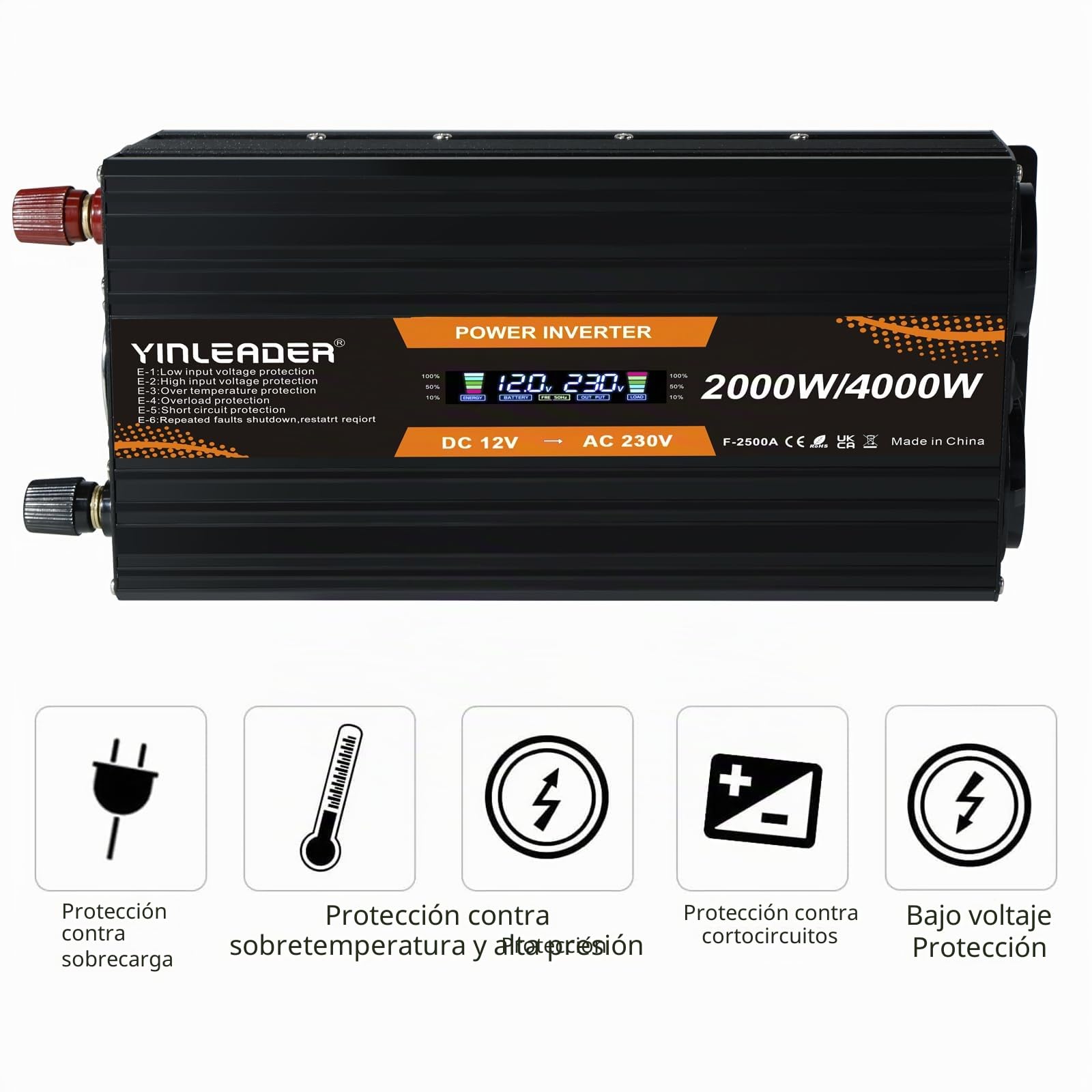 Yinleader - Convertidor de potencia (12 V, 220 V, 2000 W, 2000 W, convertidor de potencia, pantalla LCD, 2 tomas de CA para panel solar, coche VR